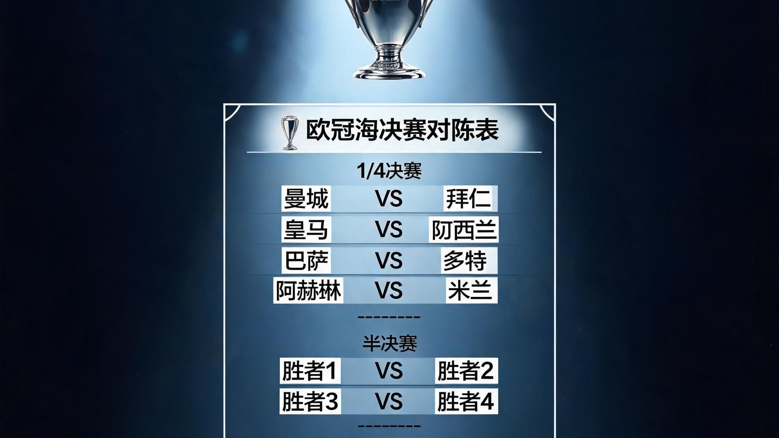 欧冠奖杯在聚光灯下闪耀，前方是淘汰赛对阵表
